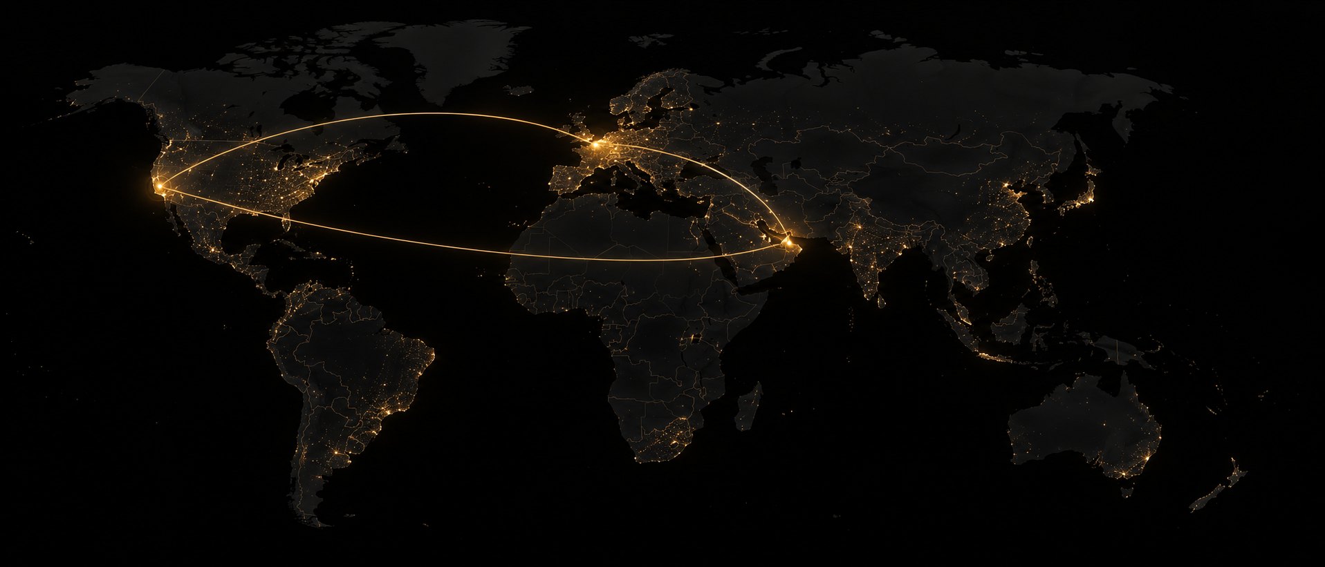 Night map of the world connecting Silicon Valley, Europe and MENA